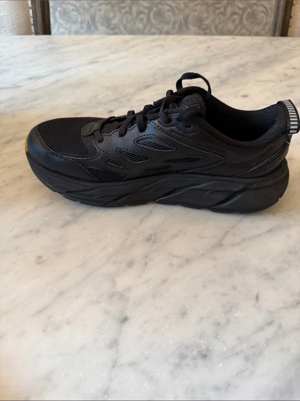 HOKA Unisex Clifton L Leather Mesh Sneakers in Black / Gum Sole